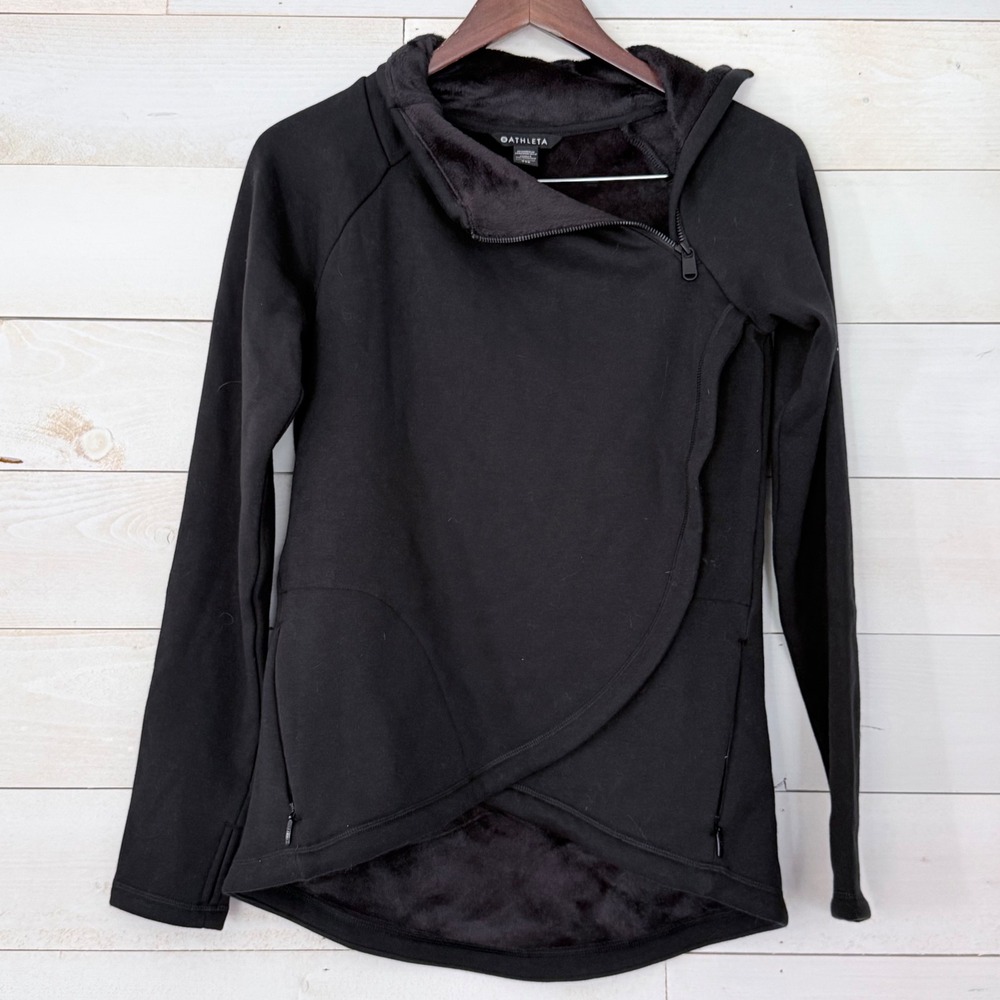 Athleta‎ Cozy Karma Asym Pullover Black Faux Fur Lined Hoodie Womens Size XXS